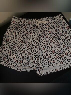 White Leopard Print Lounge Shorts with Pink Accents